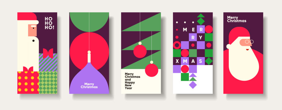 A collection of five colorful and modern Christmas-themed banners featuring abstract designs of Santa Claus, ornaments, and festive greetings. The vibrant colors and geometric shapes