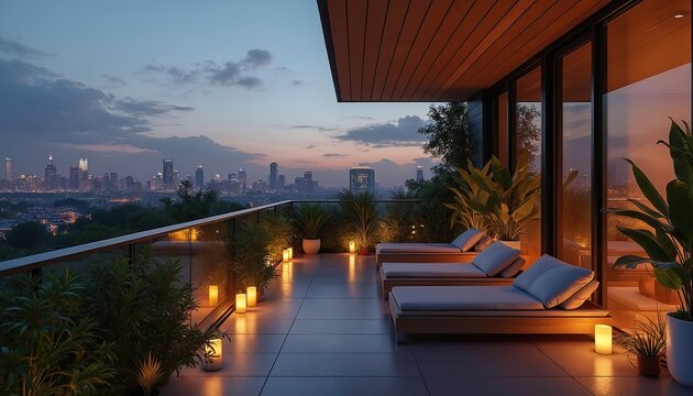 Modern luxury balcony view, green plants. Cozy terrace overlooking city skyline at dusk. Lounge furniture, night lights create relaxing atmosphere. Contemporary design, urban landscape, apartment - Powered by Adobe
