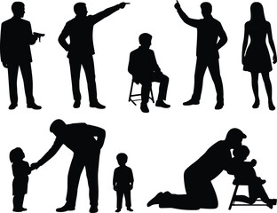 Human interaction silhouettes, gesture poses, authority and affection, black figures, relational dynamics, body language, white background, seated and standing, expressive forms, minimal design