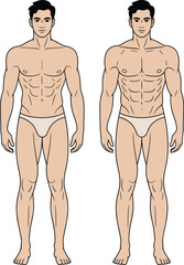 Male anatomy comparison, muscular body types, fitness illustration, underwear model, bodybuilding reference, side-by-side figures, physique study, fashion sketch, flat design, health concept