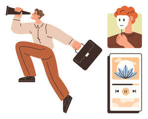 Man holding telescope and briefcase, analyzing future goals. Mask represents emotional exploration. Mobile app with lotus flower illustrates mindfulness and meditation. Ideal for business