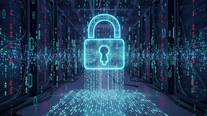 Cybersecurity data protection digital lock network server encryption binary code firewall cloud matrix secure system for secure access defense with - Powered by Adobe