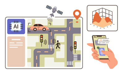 AI system managing traffic flow with self-driving car, pedestrian, data visualization, and mobile control. Ideal for AI, automation, urban planning, mobility, technology transportation and smart