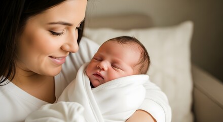 Loving Mother Holding Newborn Baby Wrapped in White Blanket Close to Her Chest Radiating Affection and Tenderness in Warm Indoor Setting Maternal Bond Cherishing First Moments of Life