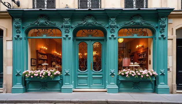 Vintage French storefront facade with ornate teal green carvings, abundant pink flower boxes. Ornate architectural details on windows, doors. Interior lighting creates warm inviting ambiance. Retro
