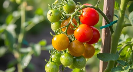 Ripening Tomatoes on Vine: Close-Up of Colorful Heirloom Cherry Tomatoes with Water Droplets in Garden Setting, Depicting Freshness, Growth, and Organic Gardening
