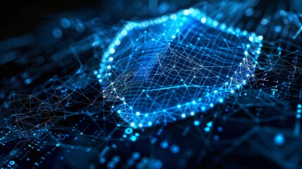 Abstract wireframe shield illustration on dark blue background  concept of protection and security