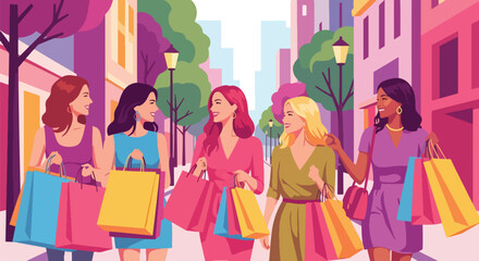 Flat vector of women shopping in city streets with colorful bags, joyful friendship and modern lifestyle illustration