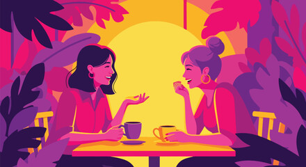 Flat vector of two female friends enjoying coffee and laughter at outdoor café, warm morning friendship scene of joy and connection