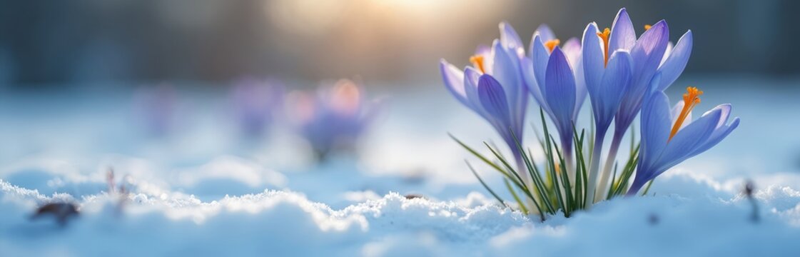 Soft blue crocus flowers bloom in pristine snow. Early spring bloom with saffron stamen. Nature beauty at early spring, delicate flowers in snow. Blooming, awakening of spring in nature.