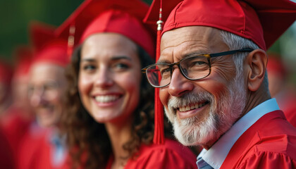 Happy graduates in red caps, gowns celebrating success. Smiling student, senior, woman, show joy at university graduation ceremony. Education achievement, friends support, happy family, tradition,