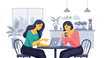 Flat vector of women working together on laptops at café, friendship, teamwork, and creativity concept
