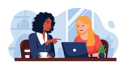 Flat vector of women working together on laptops at café, friendship, teamwork, and creativity concept