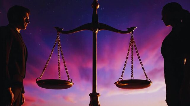 Silhouettes of a man and a woman flanking balanced scales of justice symbolizing gender equality and law.