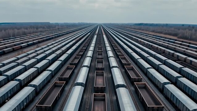 Aerial View of Freight Train Yard with Cargo Cars in a Sprawling Landscape