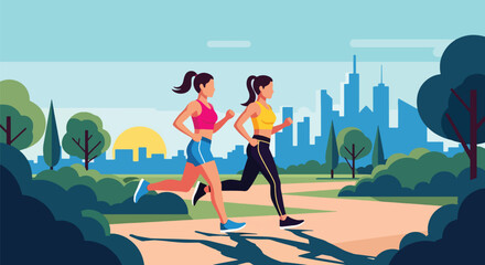 Flat vector of women jogging together in park at sunrise, friendship and active healthy lifestyle concept