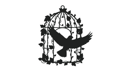 Silhouette of a bird taking flight from a decorative, vine-covered cage, symbolizing freedom and escape.