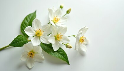 Fototapeta premium Delicate white flowers with yellow stamens, green leaves against white backdrop. Natural floral composition, freshness, simplicity, copy space. Minimalist illustration for design project, eco, spa,