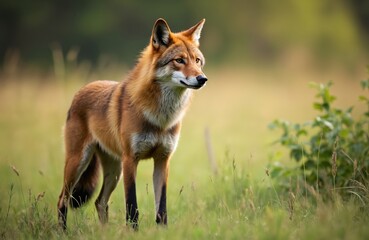 Rare Guara wolf stands in grassy meadow, reddish-brown fur contrasting with green environment. Solitary mammal with long legs, alert ears striking depiction of South American wilderness, natural