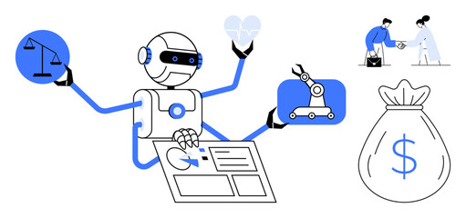 Robot manages scales of justice, healthcare heart, robotic arm, money bag, and user interface. Ideal for AI, automation, innovation finance healthcare technology future concepts. Simple flat