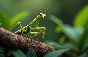 Macro shot of green praying mantis on tree branch. Insect camouflage blends with rich foliage. Detail in its antennae, eyes, and textured bark of its perch. Nature hunter in its natural habitat.