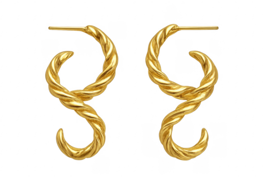 Twisted s-shaped gold earrings pair on transparent background
