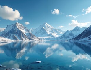 Fototapeta premium Stunning scenic of glacial lake, majestic snowy mountain peaks reflected in calm water. Peaceful winter landscape with blue sky, clouds. Perfect travel, adventure, wilderness background.
