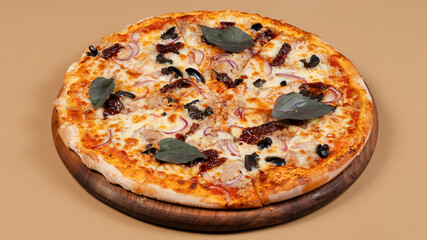 Delicious pizza on tray isolated