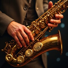 Fototapeta premium Musician plays golden saxophone, hands on keys. Warm lighting highlights instrument details, evoking musical passion and artistry. Jazz, blues, performance, elegance, skill, expertise.