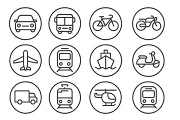 Transport Line Icons. Line style icons of transport in round shape: car, bus, bicycle, motorcycle; airplane, train, ship, scooter;