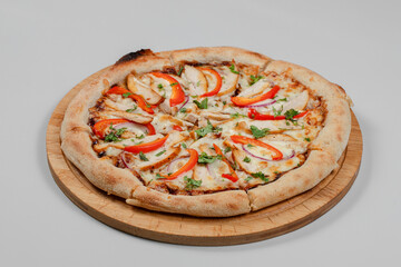Delicious pizza on tray isolated