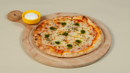Delicious pizza on tray isolated