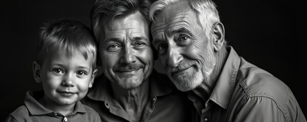 Black, white portrait shows three generations of men, boy, father, grandfather, sharing strong bond. Facial expressions convey love, support, connection, timeless family warmth. Intimate moment