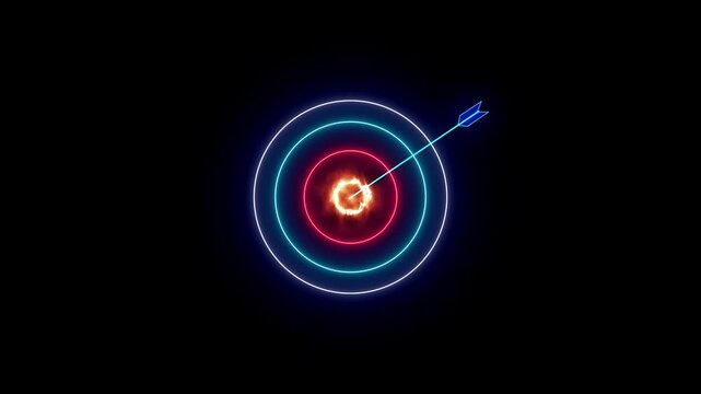 Neon target bullseye with fiery center and glowing arrow hitting the mark abstract futuristic concept