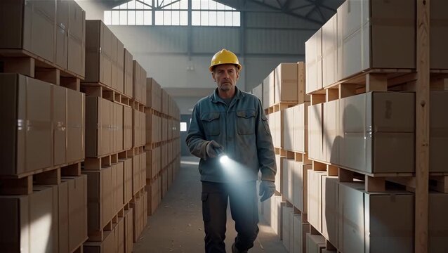 Male Worker in Warehouse with Flashlight