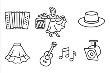 Cumbia Icon Collection. Line style icons of Cumbia: Accordion, Drum, Dancer, Hat, Skirt, Guitar, Musical Notes, Stage Light, No