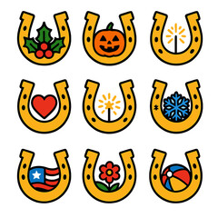 Seasonal Horseshoe Icons. Flat vector icons of seasonal and holiday horseshoes: Christmas horseshoe with holly, Halloween
