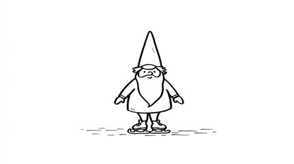 Outlined gnome with tall hat ice skating with a long beard wearing a long sleeve shirt