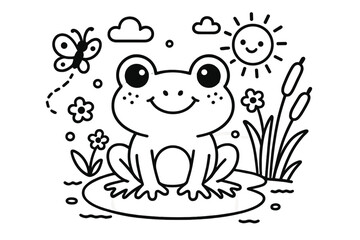 Playful Frog Coloring. A cute frog in a playful scene with friendly details, black and white line art, children’s coloring book