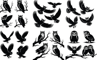 Owl Icon Set Nocturnal Bird Silhouette Vector Collection