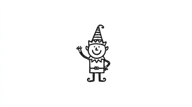 Simple black and white cartoon doodle of a happy waving elf with pointed hat