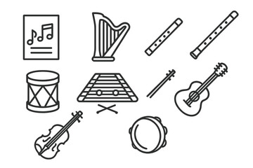 Fototapeta premium Traditional Music Icons. Line style icons of Traditional Songs: Sheet Music, Harp, Flute, Drum, Dulcimer, Acoustic Guitar, Fiddle,
