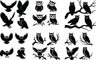Owl Icon Set Nocturnal Bird Silhouette Vector Collection