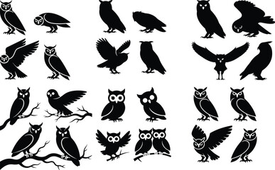 Owl Icon Set Nocturnal Bird Silhouette Vector Collection