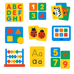 Educational Kids Icons. Flat vector icons of kids learning and educational games: alphabet puzzle board, colorful number blocks,