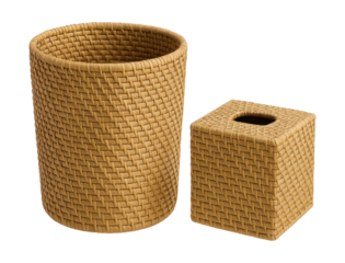 Natural weave rattan bathroom set includes a wastebasket and tissue box cover, ideal for