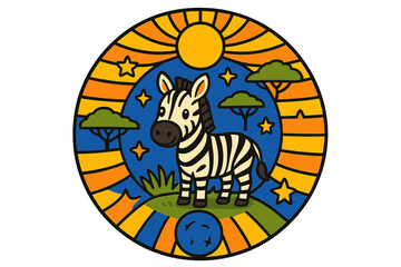 Striped Savanna Symphony. Zebra in the middle with grass, savanna trees, suns, and stars arranged in striped circular symmetry,