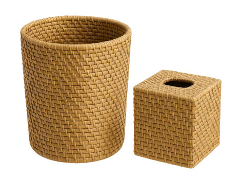 Natural weave rattan bathroom set includes a wastebasket and tissue box cover, ideal for