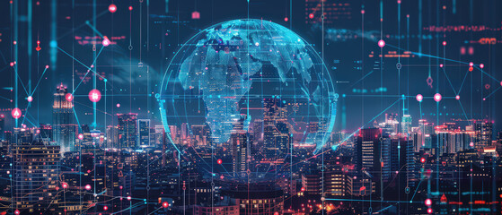 Futuristic cityscape at night with glowing holographic globe and digital data network overlay, symbolizing global communication, smart city, and high tech connection.