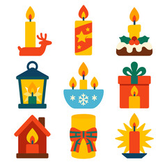 Festive Candle Icons. Flat vector icons of Christmas candles: tall candle in reindeer holder, striped wax with falling star print,